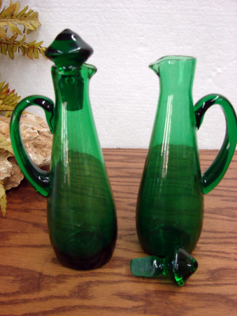 Vintage MCM Italian Mexican Oil Vinegar Set Forest Green Blown Glass Wrought Iron, Moose-R-Us.Com Log Cabin Decor