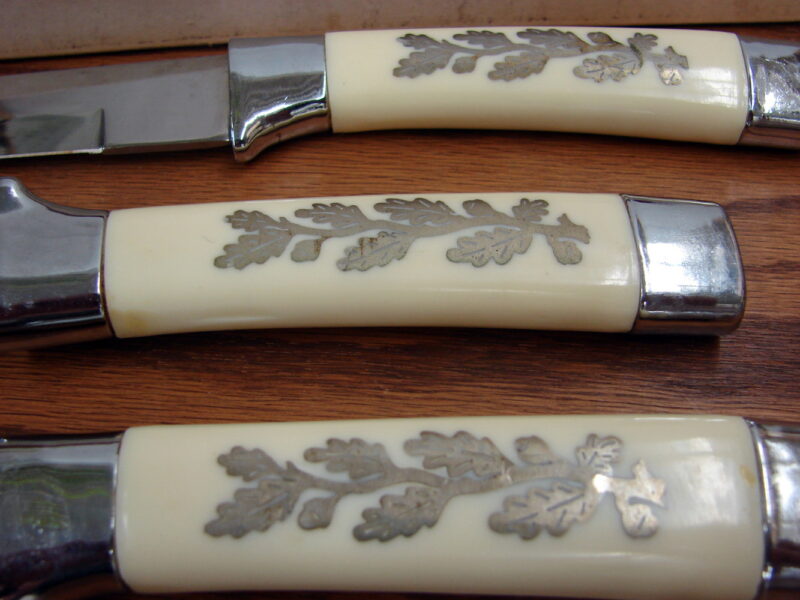 Vintage 3 Pc Meat Carving Set Japan Ivory Embossed Leaves Handle Box, Moose-R-Us.Com Log Cabin Decor