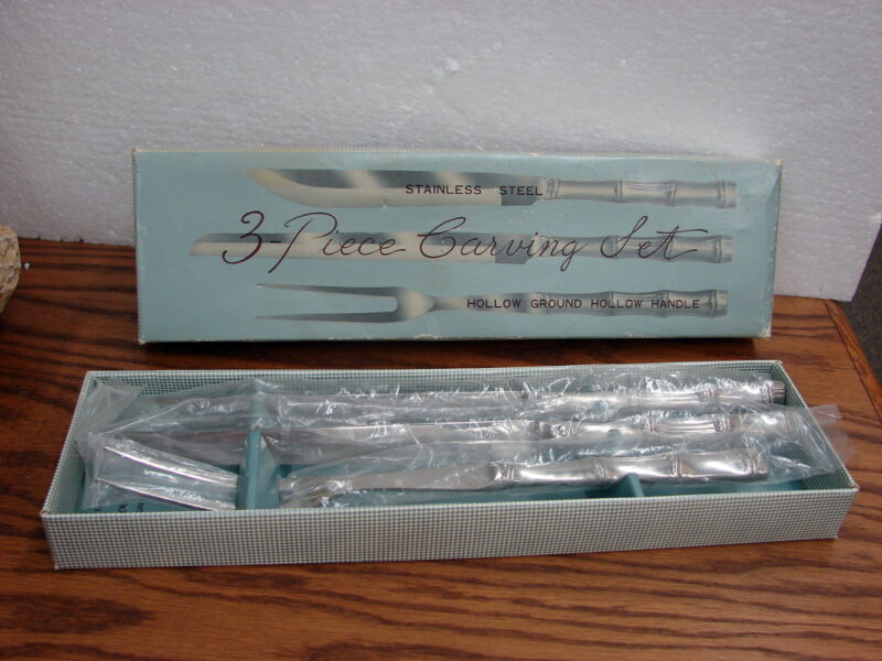 Vintage 3 Pc Meat Carving Set Stainless Steel Bamboo w/ Box New, Moose-R-Us.Com Log Cabin Decor