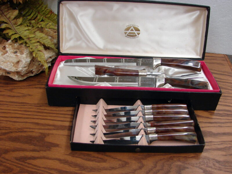 Vintage England Regent Sheffield 9 Pc Meat Carving Steak Knife Set in Case, Moose-R-Us.Com Log Cabin Decor