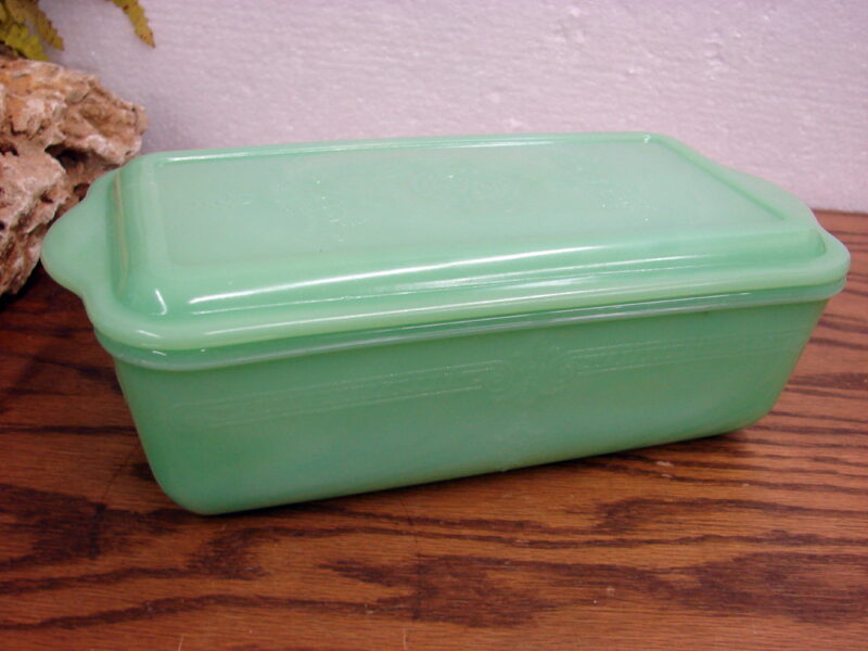 Vintage Fire-King Jade Philbe Rectangle Loaf Pan w/ Lid, Moose-R-Us.Com Log Cabin Decor