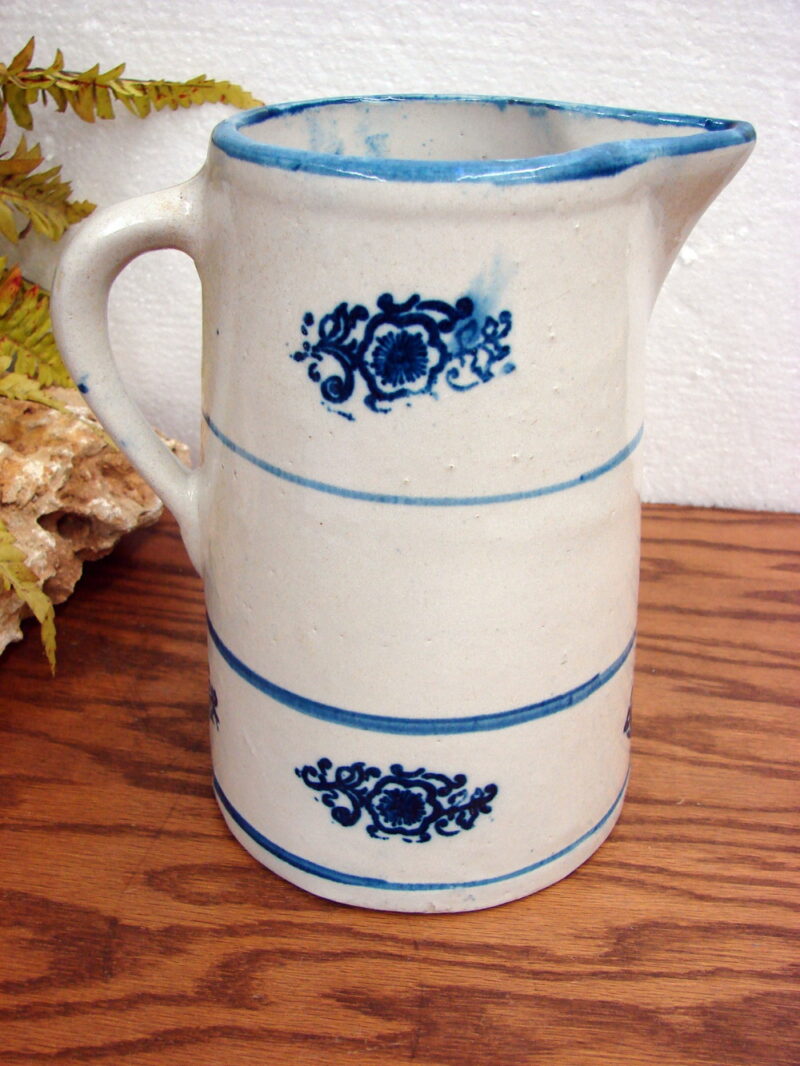 Antique Blue White Stoneware Pitcher Hull Band Stripe Flower Medallion Design, Moose-R-Us.Com Log Cabin Decor