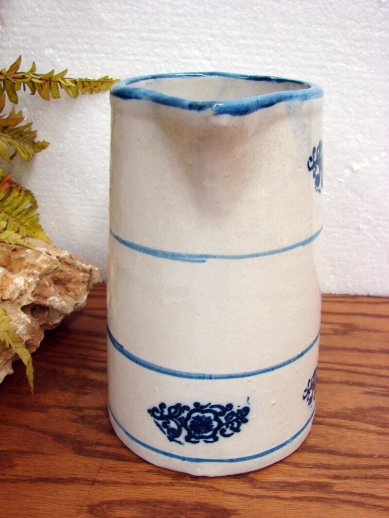 Antique Blue White Stoneware Pitcher Hull Band Stripe Flower Medallion Design, Moose-R-Us.Com Log Cabin Decor