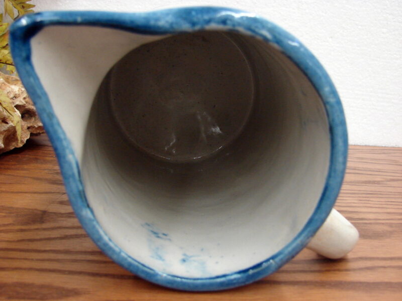 Antique Blue White Stoneware Pitcher Hull Band Stripe Flower Medallion Design, Moose-R-Us.Com Log Cabin Decor