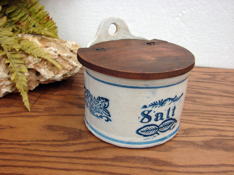 Antique Blue White Stoneware Salt Box Cobalt Design Original Wooden Lid Wall Mount, Moose-R-Us.Com Log Cabin Decor