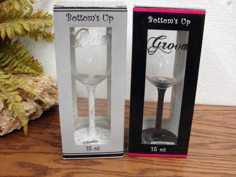 Fun Embossed Bottom&#8217;s Up Bride Groom 15oz Wine Glasses New in Box, Moose-R-Us.Com Log Cabin Decor