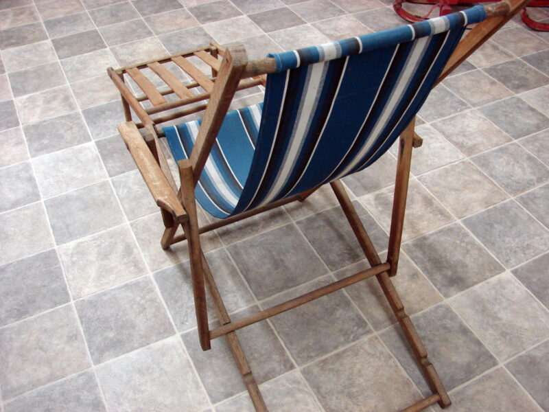 Vintage MCM Fold-up Striped Canvas Sand Beach Adjustable Back Chair Footstool, Moose-R-Us.Com Log Cabin Decor