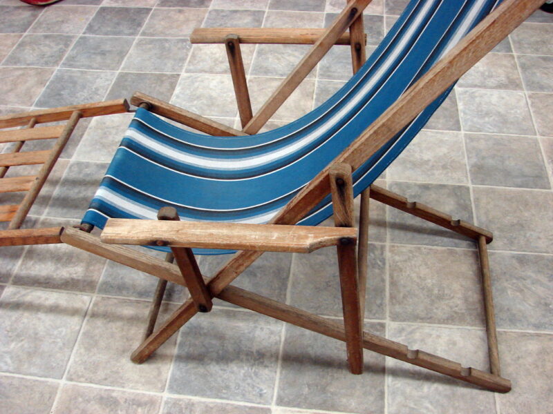 Vintage MCM Fold-up Striped Canvas Sand Beach Adjustable Back Chair Footstool, Moose-R-Us.Com Log Cabin Decor