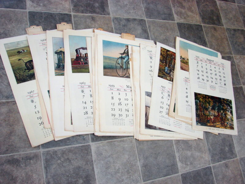 Vintage 1949-1967 Currier &#038; Ives 130 pcs Lithograph Oversized Wall Picture Calendar Poster, Moose-R-Us.Com Log Cabin Decor