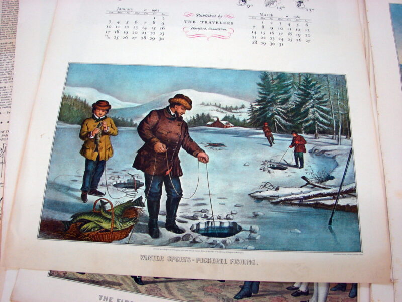 Vintage 1949-1967 Currier &#038; Ives 130 pcs Lithograph Oversized Wall Picture Calendar Poster, Moose-R-Us.Com Log Cabin Decor