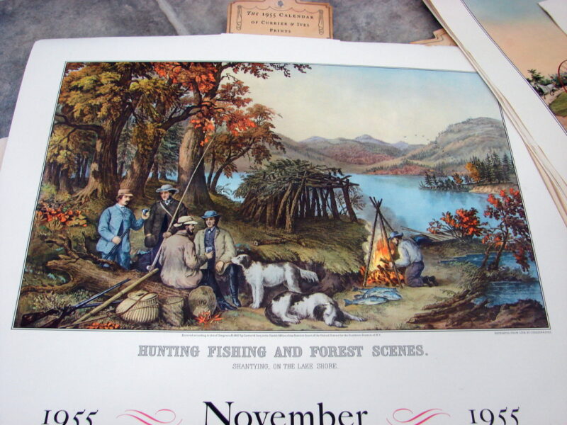 Vintage 1949-1967 Currier &#038; Ives 130 pcs Lithograph Oversized Wall Picture Calendar Poster, Moose-R-Us.Com Log Cabin Decor