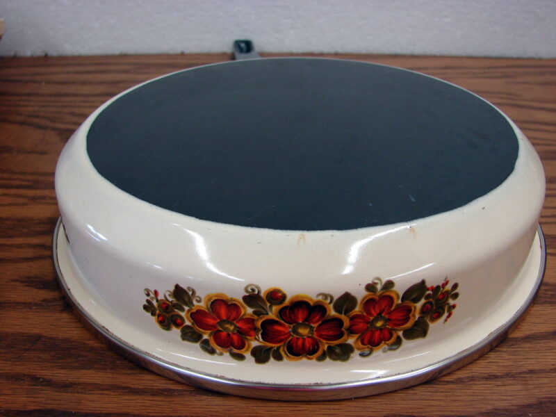 Vintage MCM Retro Enamel Flowered Skillet Orange Lid 8&#8243; Complete, Moose-R-Us.Com Log Cabin Decor