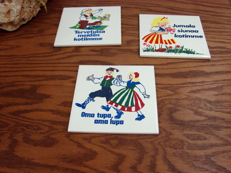 Set/3 Pottery Tile Finland Hand Decorated Finnish Sayings, Moose-R-Us.Com Log Cabin Decor