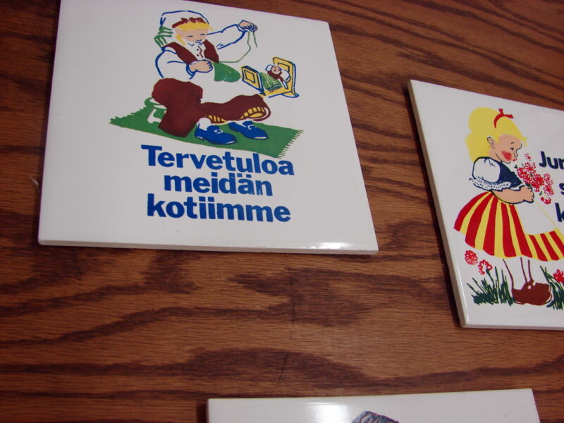 Set/3 Pottery Tile Finland Hand Decorated Finnish Sayings, Moose-R-Us.Com Log Cabin Decor