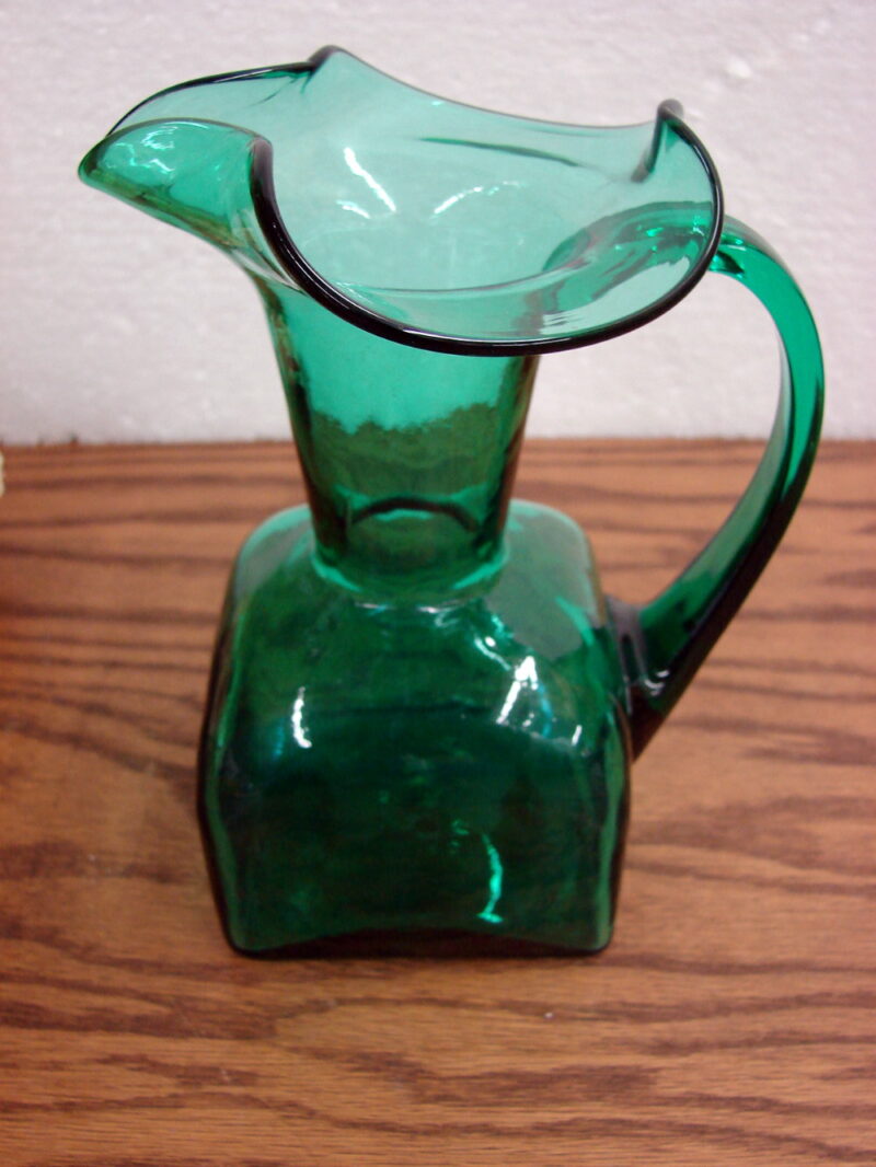 Vintage Blenko Emerald Green Blown Glass Pitcher Vase Square Bottom Ruffle Top, Moose-R-Us.Com Log Cabin Decor