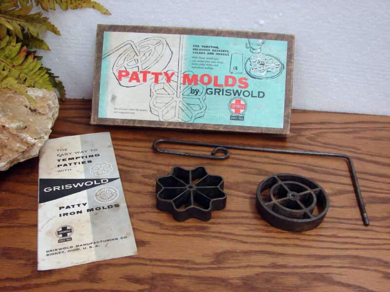 Vintage Antique Scandinavian Griswold Patty Rosette Wafer Iron Mold Box, Moose-R-Us.Com Log Cabin Decor