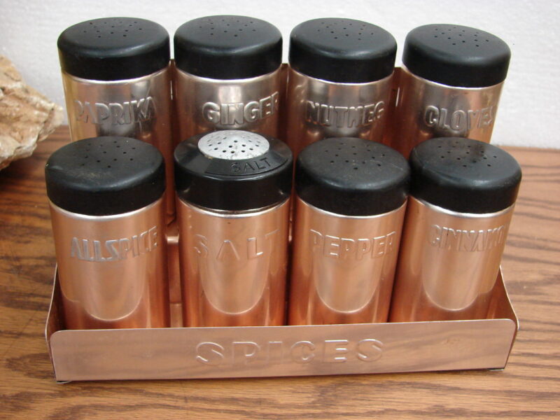 Vintage Copper Tone Aluminum Spice Set Italy Nasco Complete, Moose-R-Us.Com Log Cabin Decor