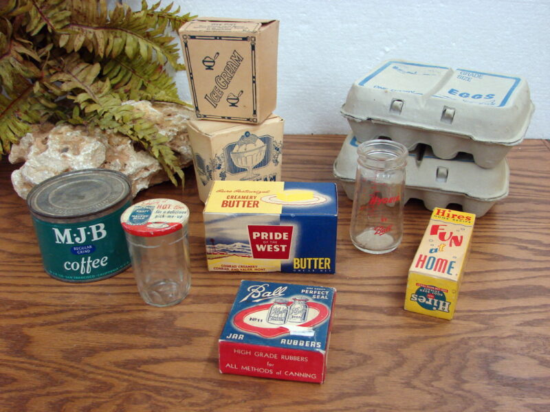 Vintage MCM 10 Pc Pantry Kitchen Advertising Tin Cardboard Glass Jar Lot, Moose-R-Us.Com Log Cabin Decor