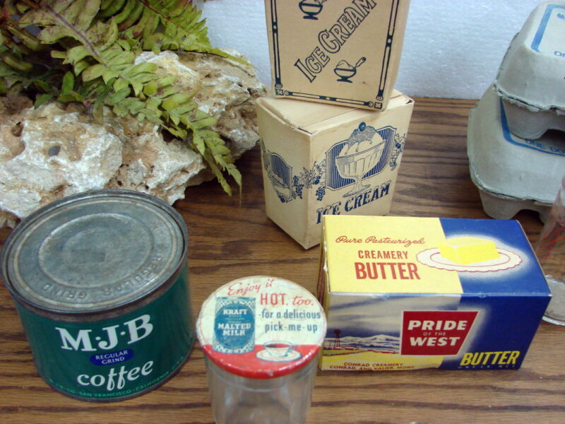 Vintage MCM 10 Pc Pantry Kitchen Advertising Tin Cardboard Glass Jar Lot, Moose-R-Us.Com Log Cabin Decor