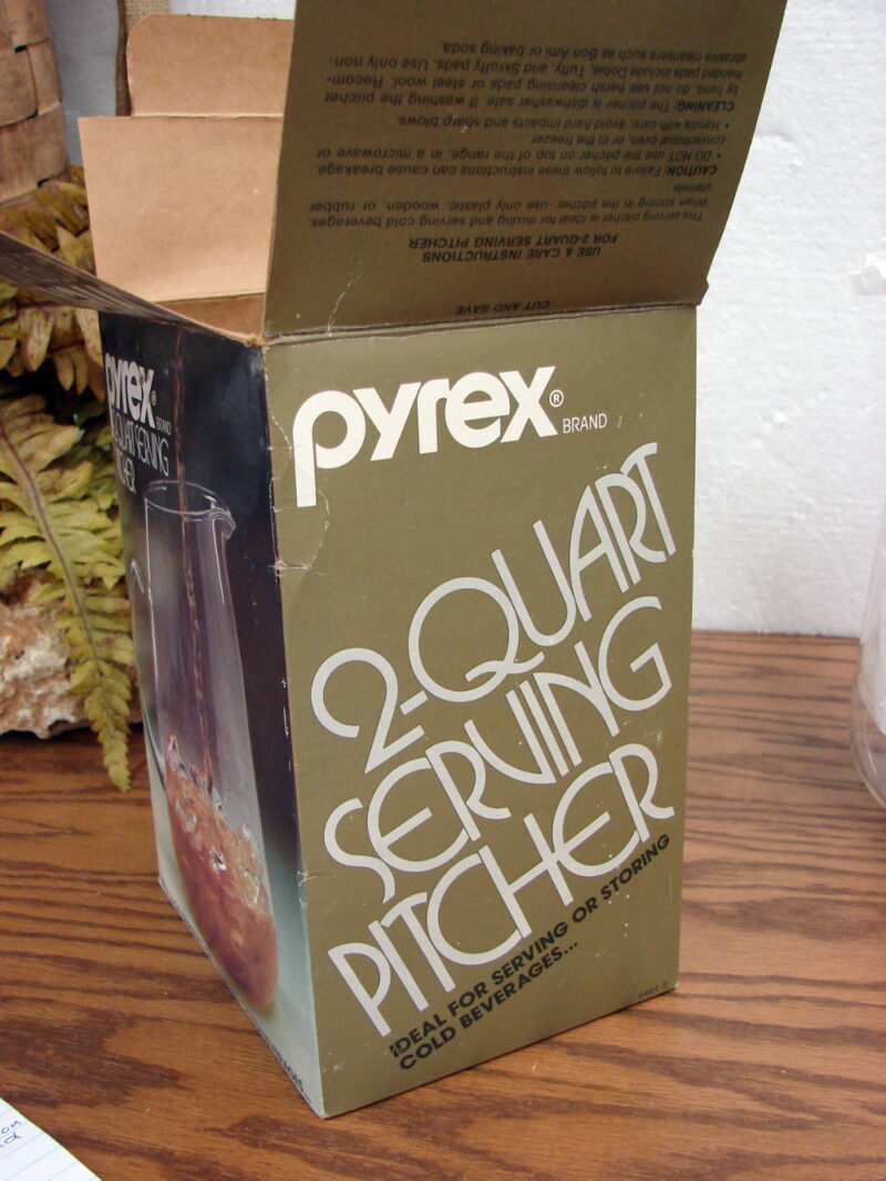 Vintage PYREX 2 Quart Serving Pitcher Stir Stick New in Box, Moose-R-Us.Com Log Cabin Decor