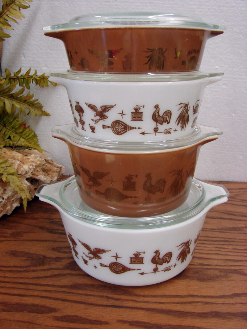 Vintage PYREX Early American Kitchen Accessories White Copper Brown Gold, Moose-R-Us.Com Log Cabin Decor
