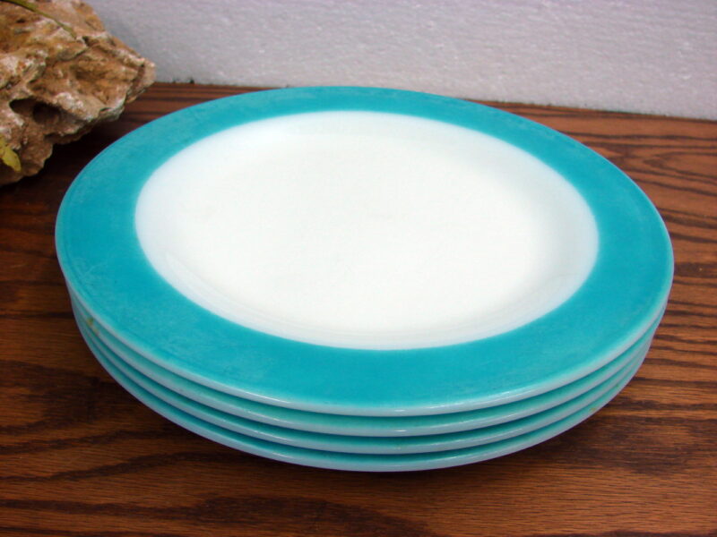 Vintage PYREX Turquoise Aqua Wide Rim Stripe 10&#8243; Plates Set/4 Tableware, Moose-R-Us.Com Log Cabin Decor