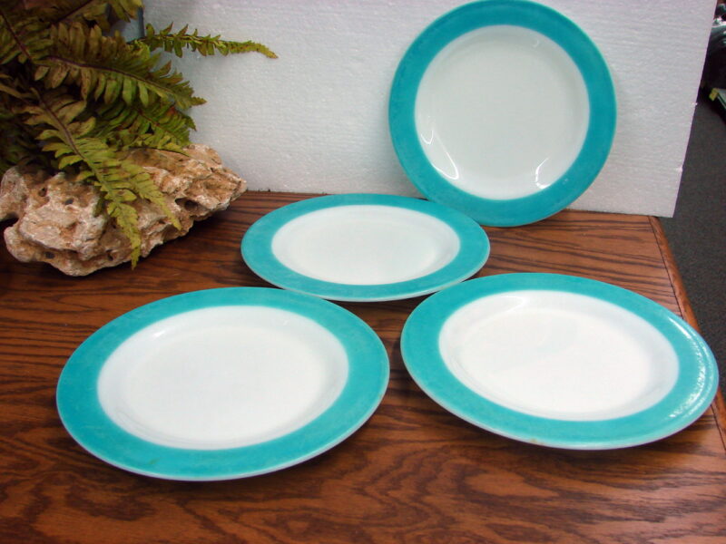 Vintage PYREX Turquoise Aqua Wide Rim Stripe 10&#8243; Plates Set/4 Tableware, Moose-R-Us.Com Log Cabin Decor