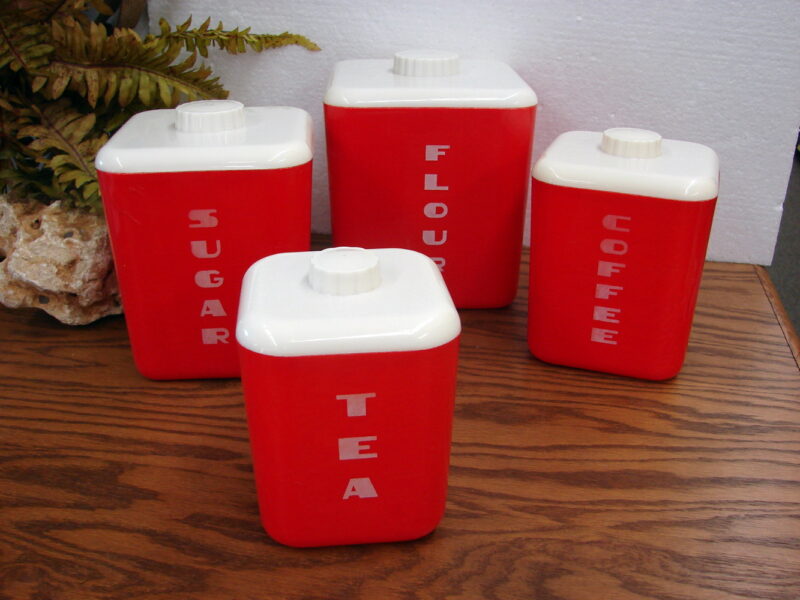 Vintage MCM Lustro&#8217;Ware Red White 4 Pc Canister Set, Moose-R-Us.Com Log Cabin Decor