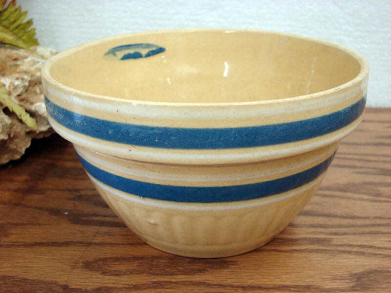 Vintage Yellowware Stoneware Blue White Band Mixing Bowl 7&#8243;, Moose-R-Us.Com Log Cabin Decor