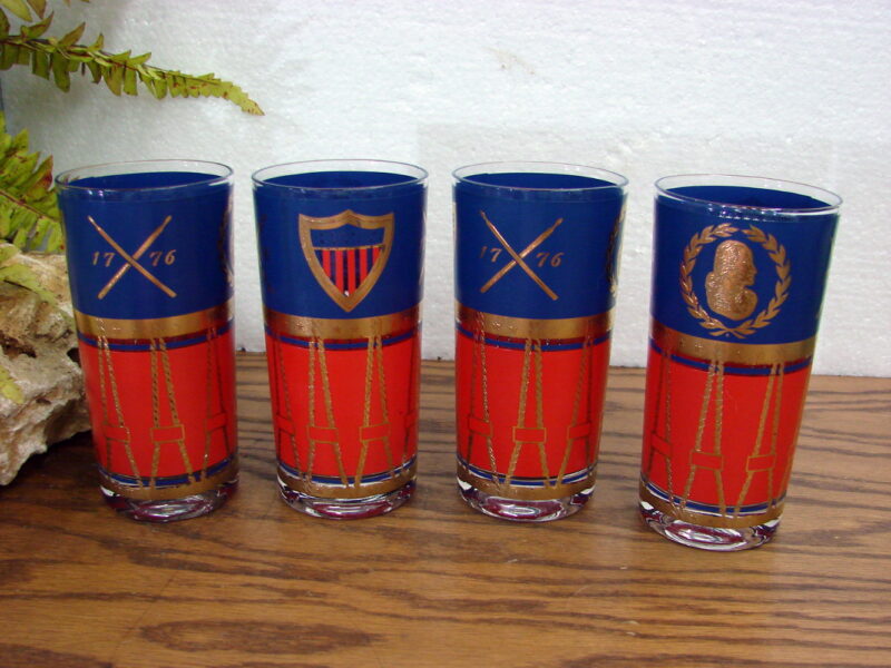 Vintage Cera 1776 Patriotic Gold Blue Red Highball Glass Barware Set/4, Moose-R-Us.Com Log Cabin Decor