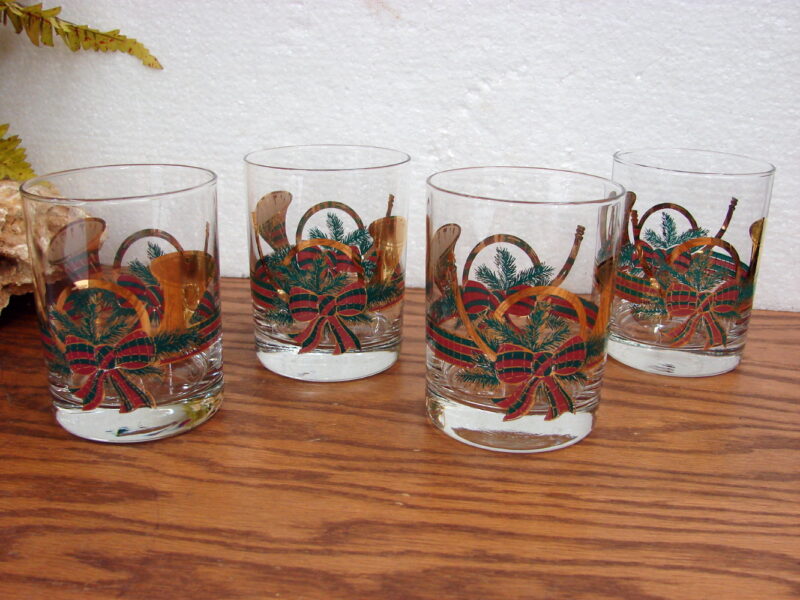 Vintage Culver Gold Yule Horn Double Rocks Old Fashion Glass Set/4, Moose-R-Us.Com Log Cabin Decor