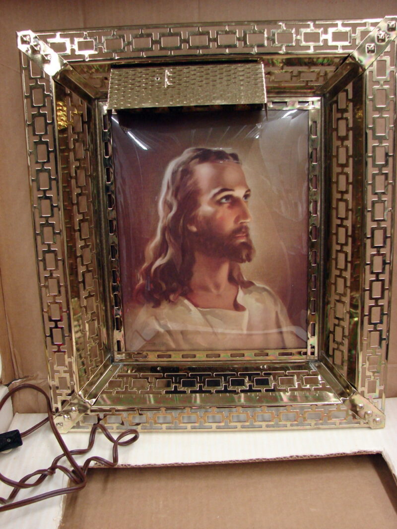 Vintage Lighted Shadowbox Picture Jesus Gold Lattice Frame Original Box, Moose-R-Us.Com Log Cabin Decor