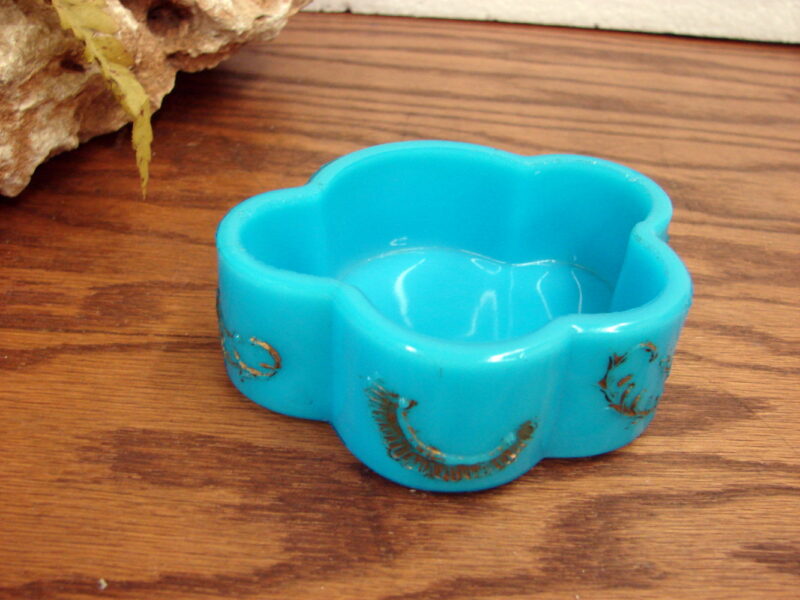 Vintage Turquoise Blue Akro Agate Dish Gold Trim, Moose-R-Us.Com Log Cabin Decor