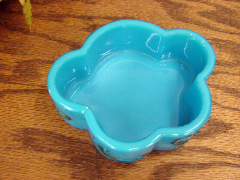 Vintage Turquoise Blue Akro Agate Dish Gold Trim, Moose-R-Us.Com Log Cabin Decor