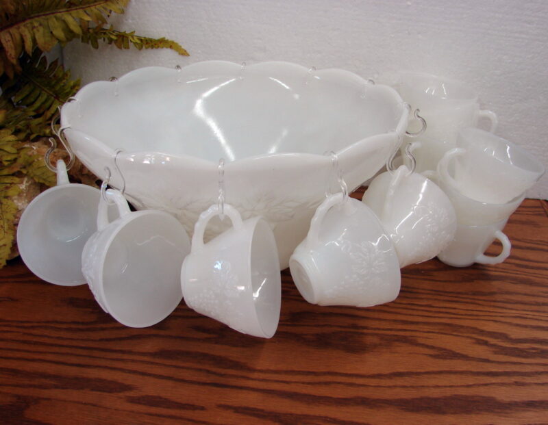 Anchor Hocking Milk Glass Grape Vine 12 Cup Punch Bowl Set w/ Hooks, Moose-R-Us.Com Log Cabin Decor