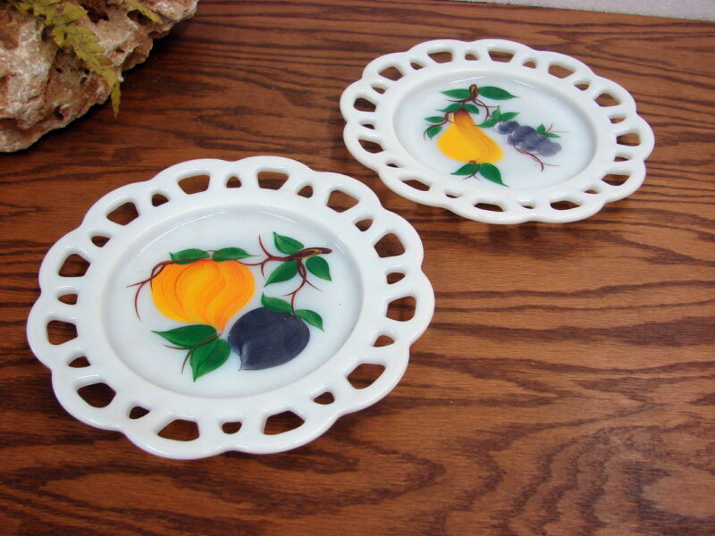 Vintage Hazel Atlas Milk Glass Lace Edge Gay Fad Painted Fruit Plates Set/2, Moose-R-Us.Com Log Cabin Decor