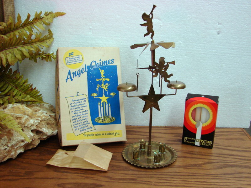 Vintage Brass Anglaspel Swedish Angel Chime Candle Heat Activated Chimes Original Box, Moose-R-Us.Com Log Cabin Decor