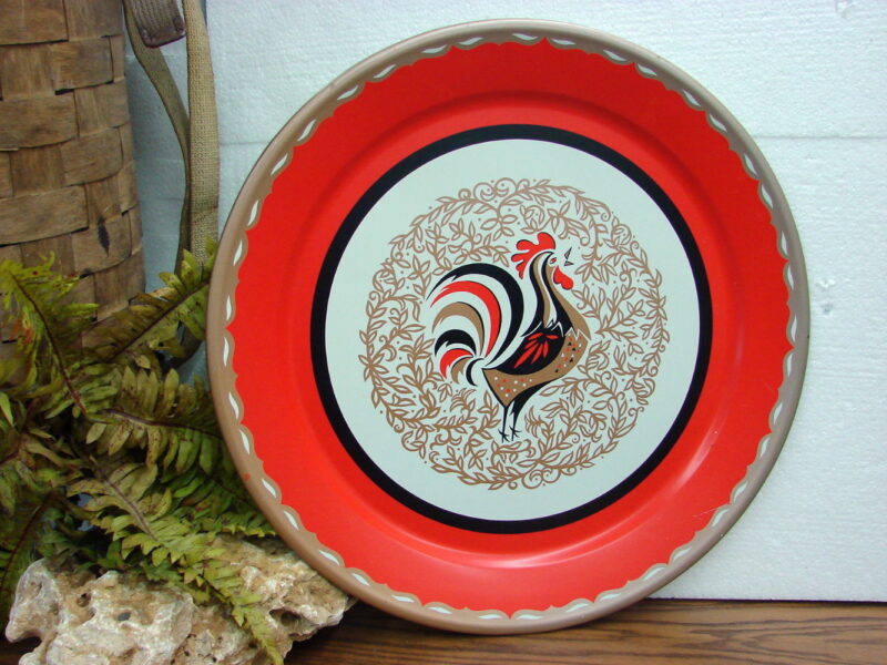 Vintage MCM Metal BBQ Grill Tray Round Red Rooster Tole Serving Platter, Moose-R-Us.Com Log Cabin Decor