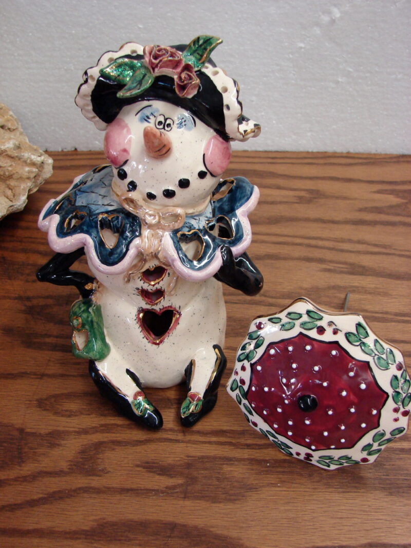 Retired Blue Sky Clayworks Heather Goldminc Winter Mrs Snowman w/ Umbrella, Moose-R-Us.Com Log Cabin Decor