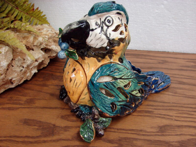 Retired Blue Sky Clayworks Heather Goldminc Parrot Gold Trim Tea Light Candle Holder, Moose-R-Us.Com Log Cabin Decor