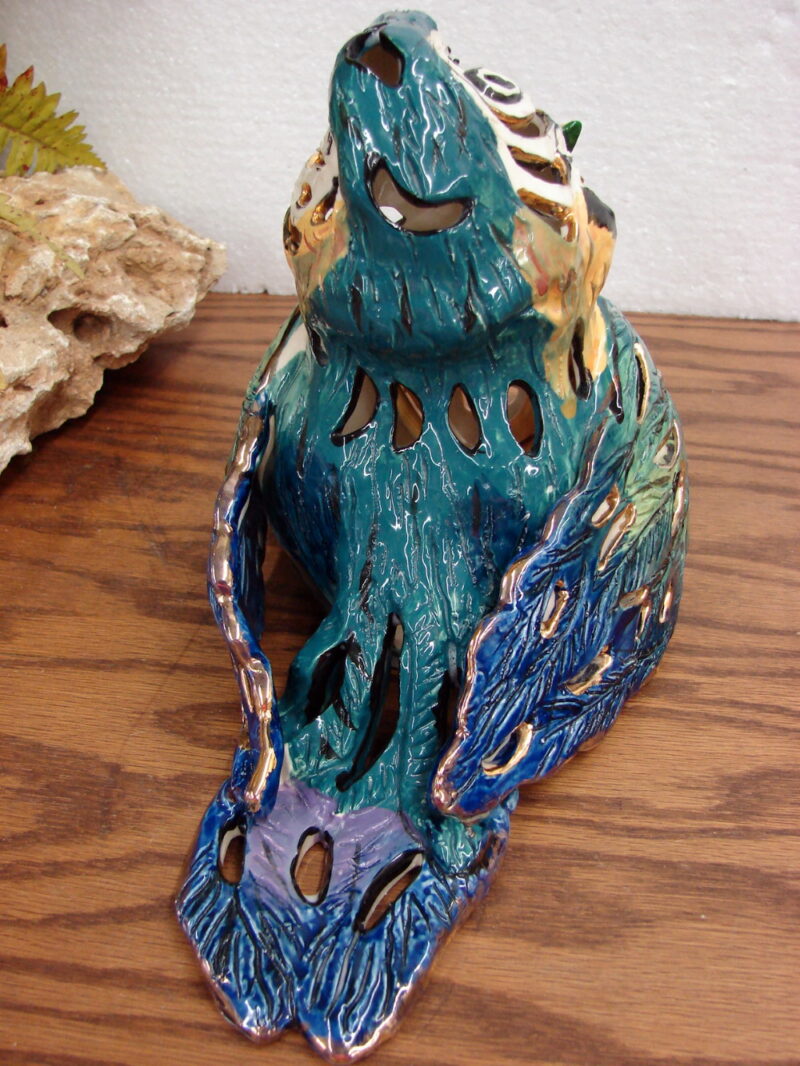 Retired Blue Sky Clayworks Heather Goldminc Parrot Gold Trim Tea Light Candle Holder, Moose-R-Us.Com Log Cabin Decor