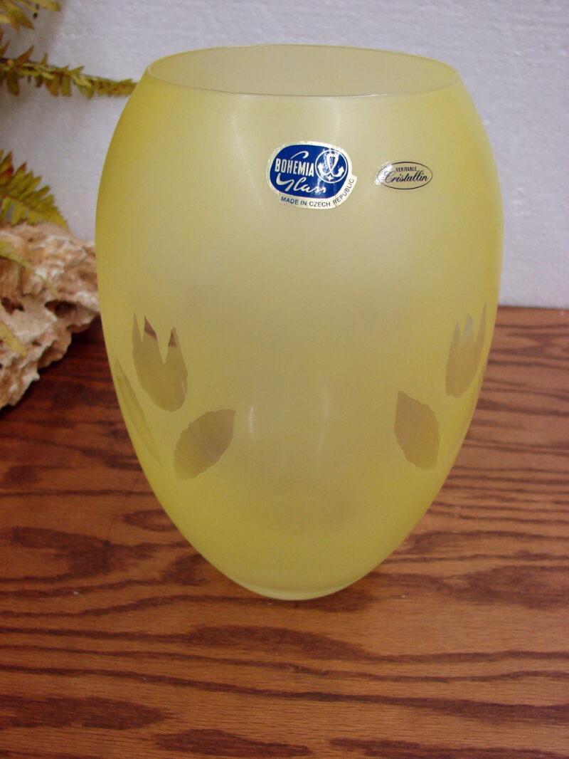 Vintage Bohemian Glass Czech Veritable Cristallin Large Yellow Tulip Vase w/ Label, Moose-R-Us.Com Log Cabin Decor