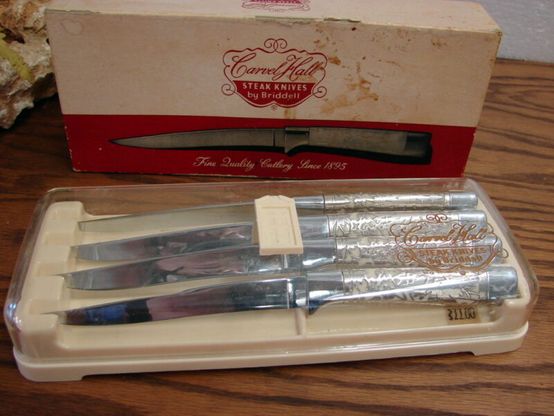 Vintage New Set/4 Briddel Carvel Hall Silver Overlay Steak Knives in Box w/ Price, Moose-R-Us.Com Log Cabin Decor