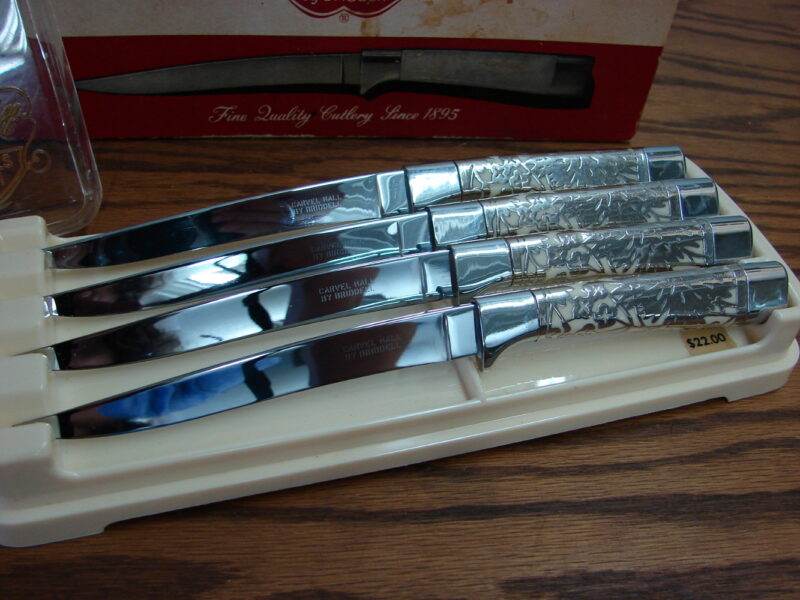 Vintage New Set/4 Briddel Carvel Hall Silver Overlay Steak Knives in Box w/ Price, Moose-R-Us.Com Log Cabin Decor