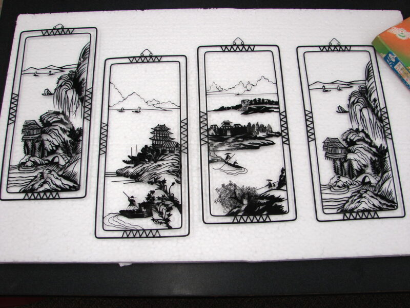 Vintage Metal Framed Chinese Wire Art Silhouette Scenery Pictures Set/4 Boxed, Moose-R-Us.Com Log Cabin Decor