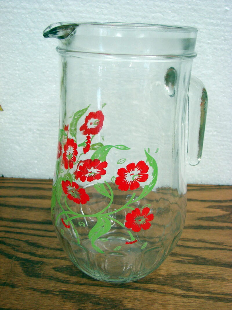 Vintage Red Poppy Flower Juice Beverage Pitcher Unattached Handle Ice Lip, Moose-R-Us.Com Log Cabin Decor