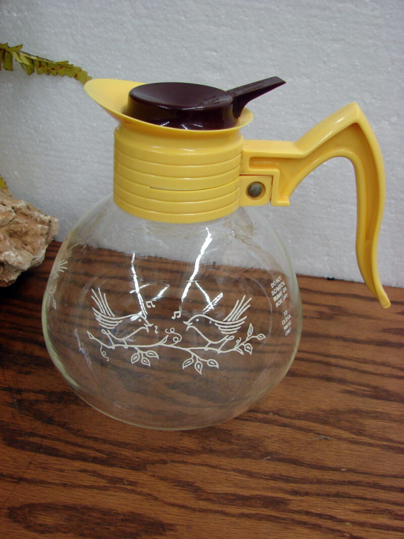 Vintage Cory Whistling Glass Teapot Yellow Brown Clear Glass Bird Silhouette, Moose-R-Us.Com Log Cabin Decor