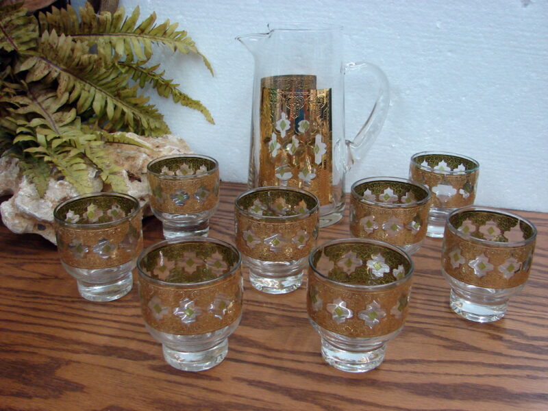 Vintage MCM Culver 22 k Gold Valencia Pitcher &#038; 8 Old Fashion Glasses, Moose-R-Us.Com Log Cabin Decor