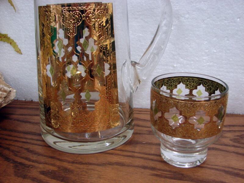 Vintage MCM Culver 22 k Gold Valencia Pitcher &#038; 8 Old Fashion Glasses, Moose-R-Us.Com Log Cabin Decor