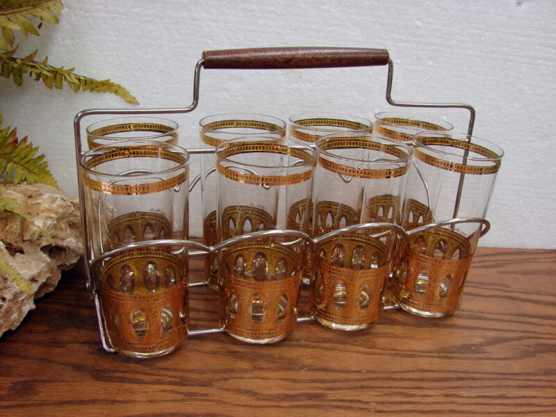 Vintage Culver Antigua Highball Gold Accents in Teak Handle Carry Rack Set/8, Moose-R-Us.Com Log Cabin Decor